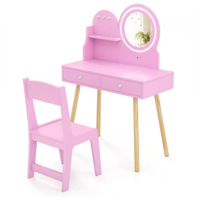 Gymax Princess Makeup Dressing Desk & Chair Set Kids Vanity Set in Pink - image 1