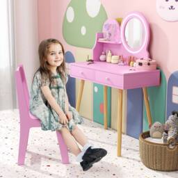 Gymax Princess Makeup Dressing Desk & Chair Set Kids Vanity Set in Pink - thumbnail 6