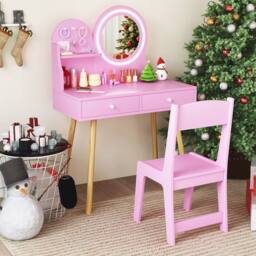 Gymax Princess Makeup Dressing Desk & Chair Set Kids Vanity Set in Pink - thumbnail 9