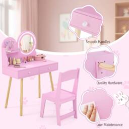 Gymax Princess Makeup Dressing Desk & Chair Set Kids Vanity Set in Pink - thumbnail 3