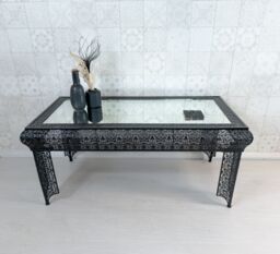 Downton Interiors Black Embossed Metal Mirrored Glass Coffee Table - Agadir Range - Size: Large - thumbnail 3