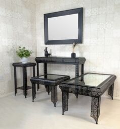 Downton Interiors Black Embossed Metal Mirrored Glass Coffee Table - Agadir Range - Size: Large - thumbnail 6