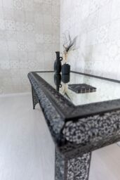 Downton Interiors Black Embossed Metal Mirrored Glass Coffee Table - Agadir Range - Size: Large - thumbnail 4