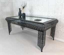 Downton Interiors Black Embossed Metal Mirrored Glass Coffee Table - Agadir Range - Size: Large