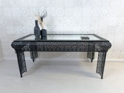 Downton Interiors Black Embossed Metal Mirrored Glass Coffee Table - Agadir Range - Size: Large - thumbnail 2