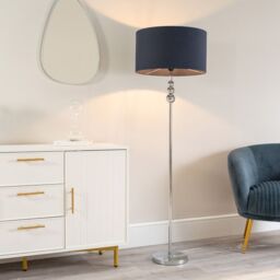 ValueLights Marissa Fabric Drum Shade with Chrome Stacked Ball Floor Lamp in Navy