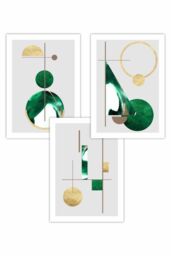 ARTZE Set of 3 Abstract Textured Geometric Art in Green & Gold Art Posters - Size: W50 cm x H70 cm