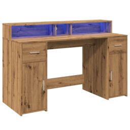 Berkfield Home Desk with LED Lights Artisian Oak 140x55x91 cm Engineered Wood in Brown - Size: 140 x 55 x 91 cm - thumbnail 3