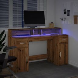 Berkfield Home Desk with LED Lights Artisian Oak 140x55x91 cm Engineered Wood in Brown - Size: 140 x 55 x 91 cm - thumbnail 5