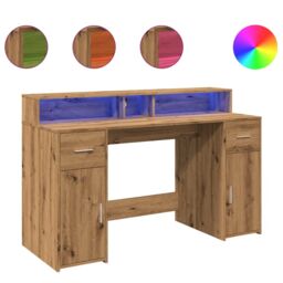 Berkfield Home Desk with LED Lights Artisian Oak 140x55x91 cm Engineered Wood in Brown - Size: 140 x 55 x 91 cm - thumbnail 2