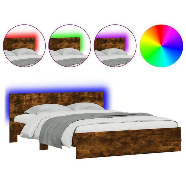 Berkfield Home Bed Frame with Headboard & LED Smoked Oak 150x200 cm King Size in Brown - image 1