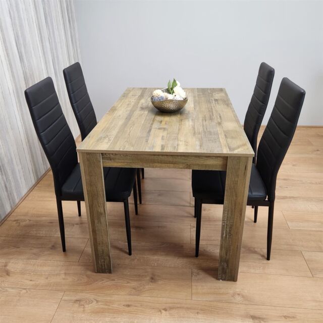 KOSY KOALA Dining Table Set of 4 - Rustic Effect Wood Table & Black Faux Leather Chairs - Dining Room Furniture in Brown - image 1
