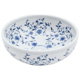 Berkfield Home Countertop Basin White & Blue Round Œ¶41x14 cm Ceramic - Size: 41x14 cm - thumbnail 3