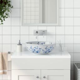 Berkfield Home Countertop Basin White & Blue Round Œ¶41x14 cm Ceramic - Size: 41x14 cm