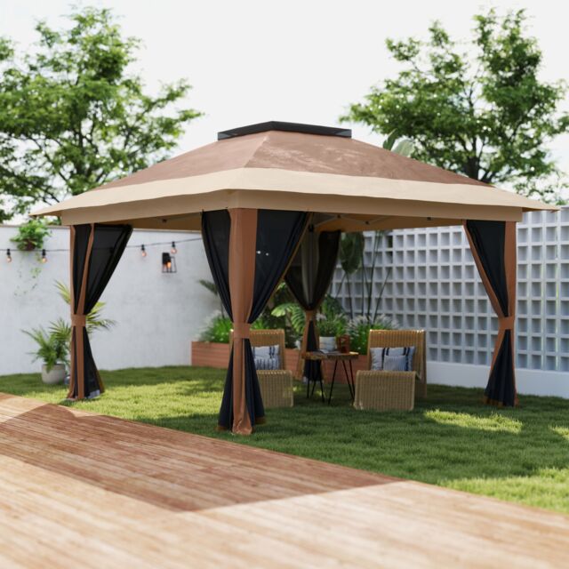 OUTSUNNY 3.6 x 3.6m Pop Up Gazebo with Netting & Wheeled Bag, Brown - image 1