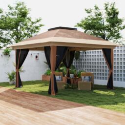 OUTSUNNY 3.6 x 3.6m Pop Up Gazebo with Netting & Wheeled Bag, Brown - thumbnail 1