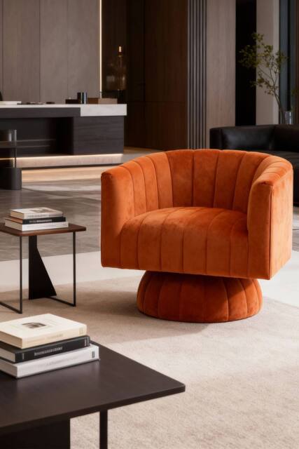 Living and Home Orange Velvet Upholstered Swivel Accent Armchair - image 1