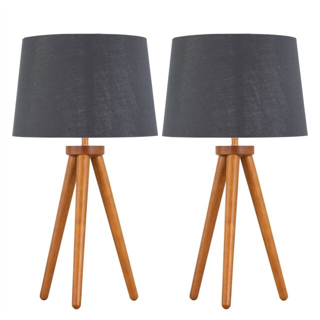 First Choice Lighting Set of 2 Dark Oak Table Lamp or Bedside Lights with Grey Silver Shades in Brown - image 1