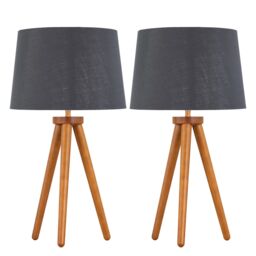 First Choice Lighting Set of 2 Dark Oak Table Lamp or Bedside Lights with Grey Silver Shades in Brown
