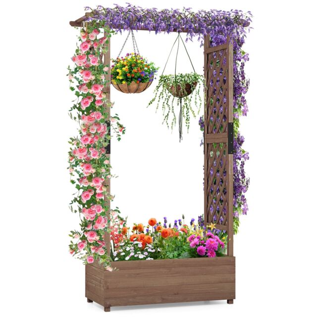 Costway Raised Garden Bed Fir Wood Planter Box with Hanging Roof in Brown - image 1