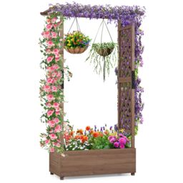 Costway Raised Garden Bed Fir Wood Planter Box with Hanging Roof in Brown - thumbnail 1