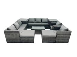 Fimous 10-seater Patio Coffee Table Sofa Set with 2 Big Stools 2 Side Tables in Dark Grey - thumbnail 2