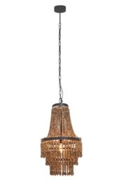 Orsina Rustic Wood Chandelier with Black Iron Frame, Handcrafted Three-Tier Pendant Light, Hanging Light in Brown