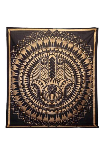 KDMD Double Cotton Bedspread & Wall Hanging - Hamsa Black Gold Art - image 1