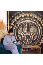 KDMD Double Cotton Bedspread & Wall Hanging - Hamsa Black Gold Art - thumbnail 2