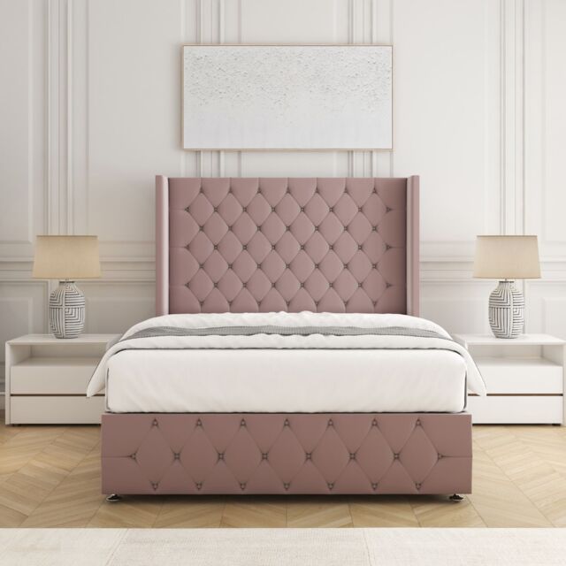 "BSSPOKE Ruby Divan Bed Set Plush Velvet 54"" Headboard & Mattress No Drawers in Pink - Size: Super King" - image 1