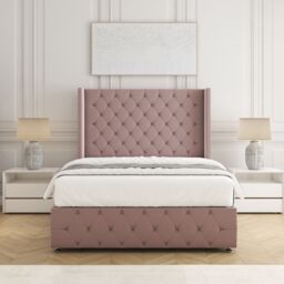 "BSSPOKE Ruby Divan Bed Set Plush Velvet 54"" Headboard & Mattress No Drawers in Pink - Size: Super King"
