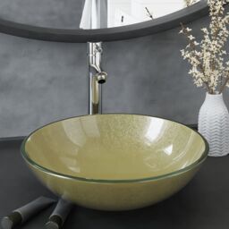 Berkfield Home Bathroom Sink with Tap & Push Drain Gold Tempered Glass - thumbnail 1