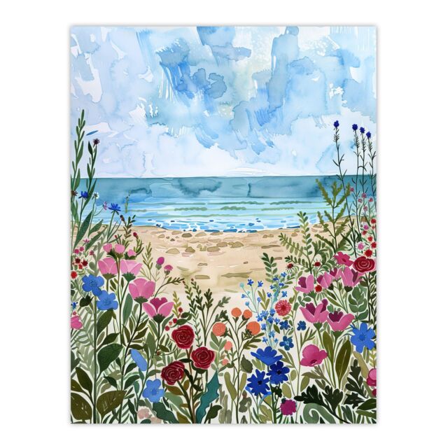 "Artery8 Sardinia Shore Beach Flowers Coastal Watercolour Wall Art Print in Blue - Size: W24"" x H32""" - image 1