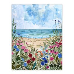 "Artery8 Sardinia Shore Beach Flowers Coastal Watercolour Wall Art Print in Blue - Size: W24"" x H32""" - thumbnail 1