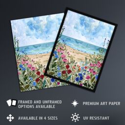 "Artery8 Sardinia Shore Beach Flowers Coastal Watercolour Wall Art Print in Blue - Size: W24"" x H32""" - thumbnail 2