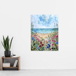 "Artery8 Sardinia Shore Beach Flowers Coastal Watercolour Wall Art Print in Blue - Size: W24"" x H32""" - thumbnail 4