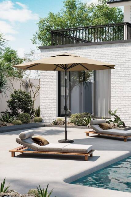 Garden Sanctuary 3M Outdoor Umbrella Large Garden Traditional Parasol with Round Base in Khaki