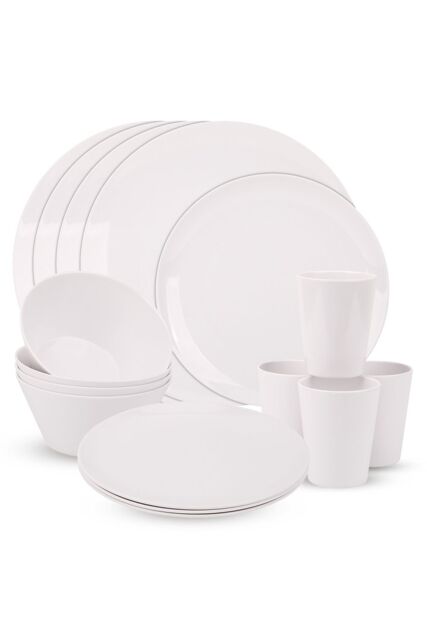 Neel Blue 16 Pieces Melamine Dinner Set - Dessert Plates, Bowls & Cups, White - image 1
