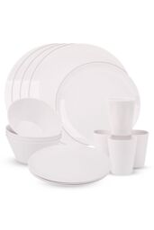 Neel Blue 16 Pieces Melamine Dinner Set - Dessert Plates, Bowls & Cups, White - thumbnail 1