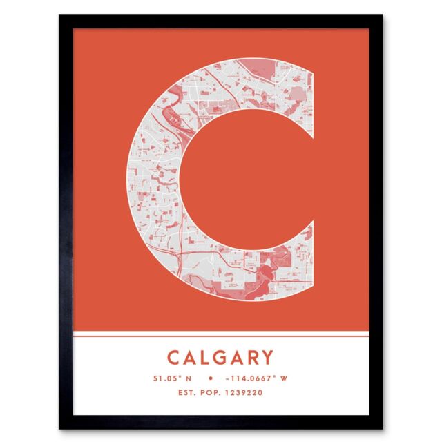 "Wee Blue Coo Wall Art Print Calgary Canada City Map Modern Typography Stylish Letter Framed Word in Orange - Size: W12"" x H16""" - image 1