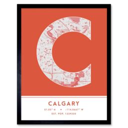 "Wee Blue Coo Wall Art Print Calgary Canada City Map Modern Typography Stylish Letter Framed Word in Orange - Size: W12"" x H16""" - thumbnail 1