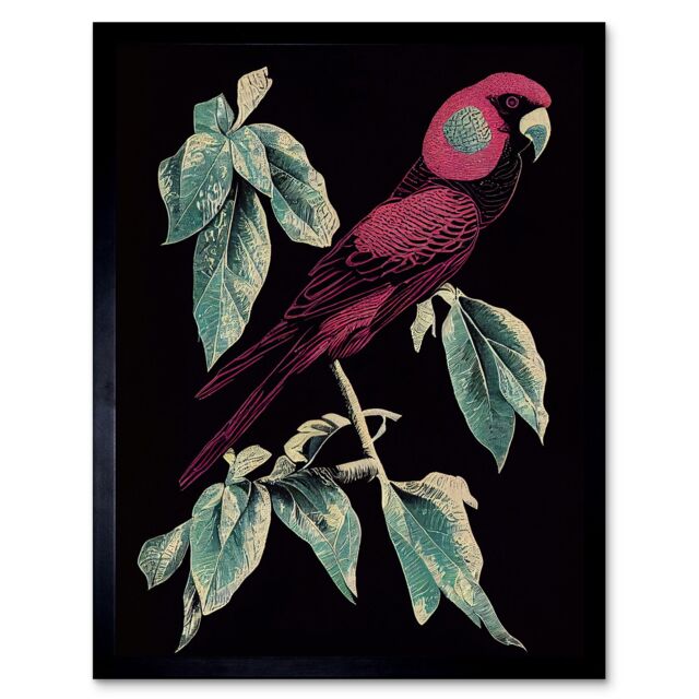 "Artery8 Wall Art Print Burgundy Parakeet Retro Modern Vintage Tropical Jungle Art Framed in Black - Size: W12"" x H16""" - image 1