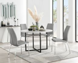 FurnitureboxUK Adley Grey Concrete Effect Round Dining Table & 4 Isco Faux Leather Chairs