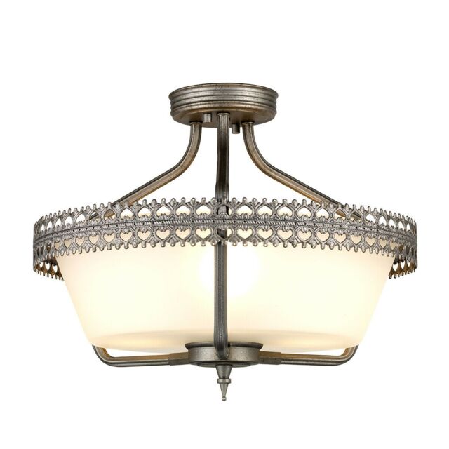 Loops 3 Bulb Semi Flush Light Grey Hand Painted White Glass Shade LED E27 60W