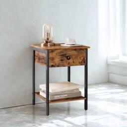 Pirlo Plush Industrial Bedside Table Nightstand With Drawer & Shelf Rustic Brown