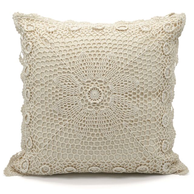 Ashley Mills Crochet Lace Embellished Cushion - Boho Chic with Zip Closure in Tan - Size: 45 cm x 45 cm