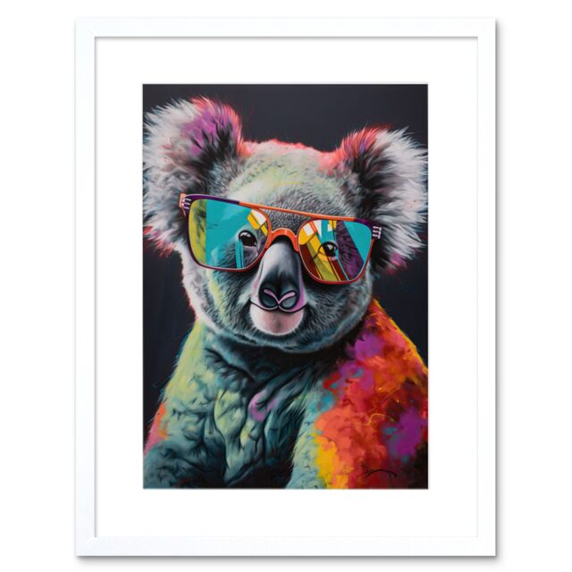 "Artery8 Wall Art Print Koala Bear with Sunglasses Modern Multicoloured Artwork Framed 9X7 Inch in White - Size: W7"" x H9""" - image 1