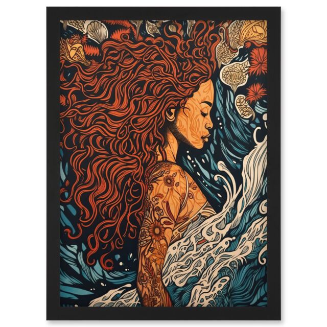 Artery8 Sea Water Nymph Modern Art Nouveau Linocut Artwork Framed Wall Art Print A4 in Black - image 1