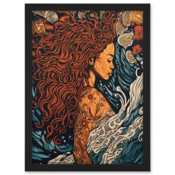 Artery8 Sea Water Nymph Modern Art Nouveau Linocut Artwork Framed Wall Art Print A4 in Black - thumbnail 1
