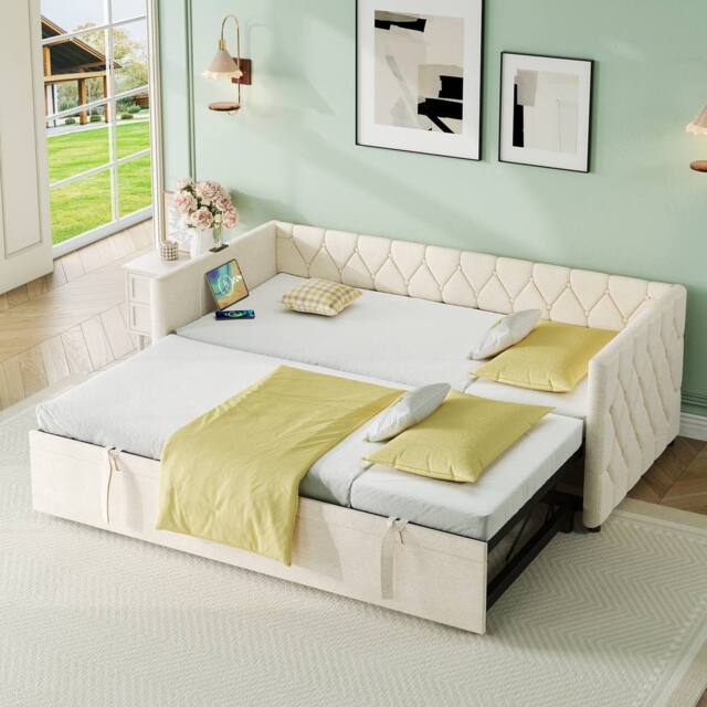 Merax 3ft Single Upholstered Daybed Sofa Bed with Charging & Trundle in Grey - image 1